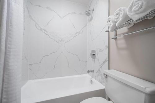 a white bathroom with a toilet and a shower at Super 8 by Wyndham Macon West in Macon