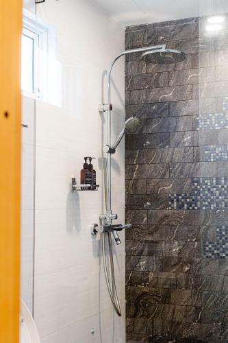 a shower with a glass door in a bathroom at Fen Villa in Dharavandhoo