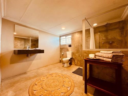 a bathroom with a toilet and a sink and a mirror at The Grove in Potchefstroom
