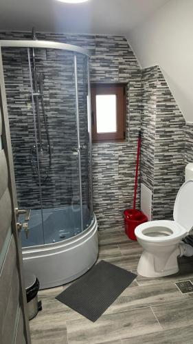 a bathroom with a shower and a toilet and a tub at Pensiunea Panoramic in Stațiunea Climaterică Sâmbăta