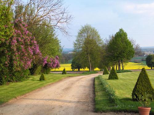 a dirt road in a field with trees and flowers at Chambres d'Hôtes Le Château de la Plante in Thuré