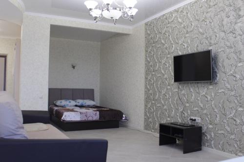 een kamer met een bed en een televisie aan de muur bij Apartment near Black Sea in Gelendzjik