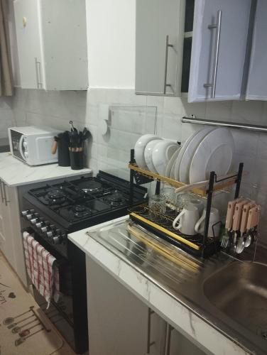 a kitchen with a stove and a counter with dishes at Luxe homes in Munyu