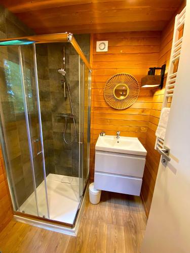 a bathroom with a shower and a sink at Hotel Les Lodges de Vaugrigneuse in Vaugrigneuse