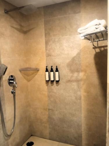 a bathroom with a shower with three bottles on the wall at Hotel President in Bharwain