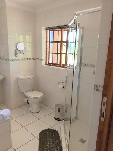 a bathroom with a toilet and a glass shower at Kang Juliet Hotel in Kang