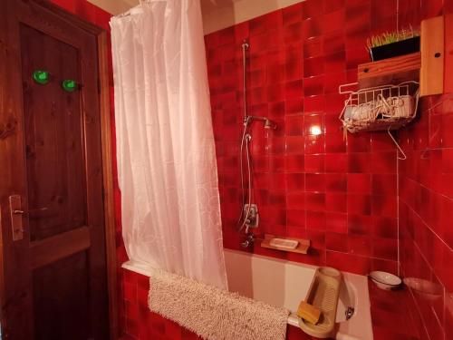 a bathroom with a red tiled wall and a shower at Casa Verde in Sestriere