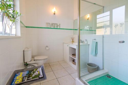 a bathroom with a glass shower and a toilet at The Sullies in Morganʼs Bay