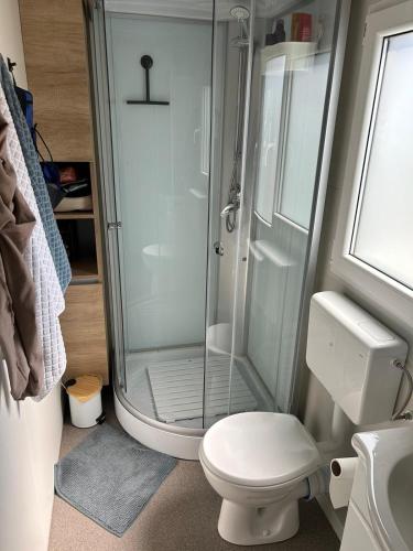 a bathroom with a shower and a toilet at Forest House Razanac in Ražanac