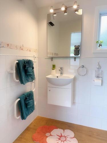 a bathroom with a sink and a mirror at Cozy & Sunny Room-Near City, Short Drive to City Center & Coast in Christchurch