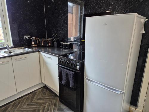 a black and white kitchen with a refrigerator and a sink at Zara Apartments in Dundee