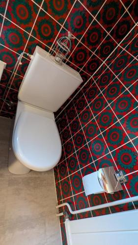 a toilet in a bathroom with a red wall at Naturnah und familienfreundlich in Degersheim