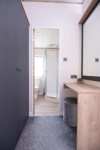 a bathroom with a vanity and a sink and a mirror at Olive Lodge Benllech in Brynteg