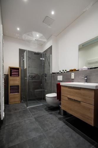a bathroom with a shower and a toilet and a sink at Residenz Mont Royal in Traben-Trarbach
