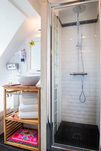 une salle de bain avec douche et lavabo dans l'établissement Hôtel Villa Bohème, à Paris