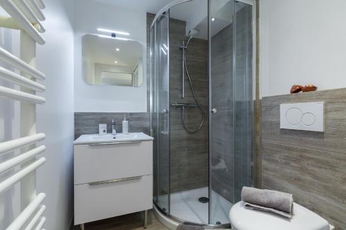 La salle de bains est pourvue d'une douche, de toilettes et d'un lavabo. dans l'établissement Cosy Home, à Antibes