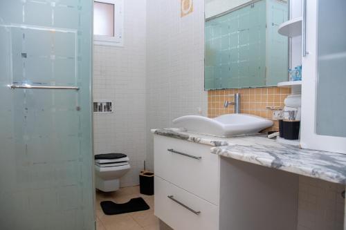 a bathroom with a sink and a toilet and a glass shower at Dar Gamra in Tozeur