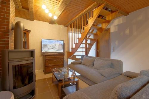 a living room with a couch and a fireplace at Dat lütte Hus in Dorum