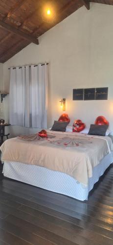 a bedroom with a large bed with red pillows at Chalé Romântico em Itamonte-MG in Itamonte
