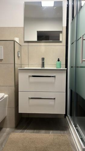 a bathroom with a white sink and a mirror at Wohnung im Zentrum von Gaggenau! in Gaggenau