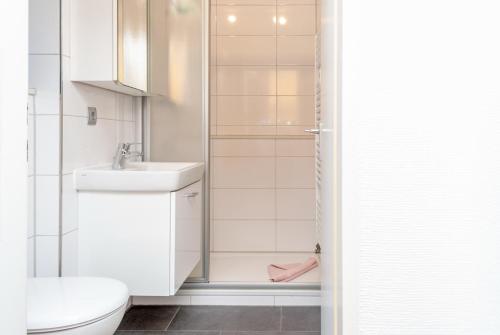 a bathroom with a toilet and a sink and a shower at Hanseatic 512 in Duhnen