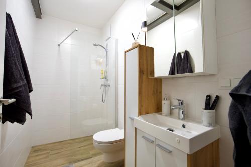 a bathroom with a white sink and a toilet at RK Private Residence in Trautmannsdorf an der Leitha
