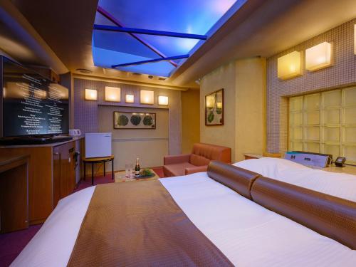 a hotel room with a bed and a tv at Water Hotel Mw 岩槻 -Adult only- Love Hotel in Saitama