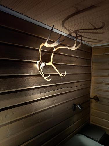 a deer antler on the wall of a sauna at ReindeerCabin PoroMökki LEVI in Kittilä