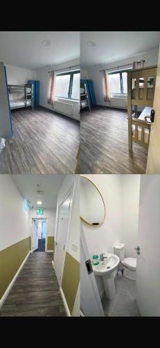 three pictures of a bathroom with a sink and a toilet at Dublin Quayside Hostel in Dublin