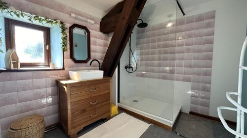 a bathroom with a shower and a sink and a mirror at Le gîte de nathye in Saint-Junien