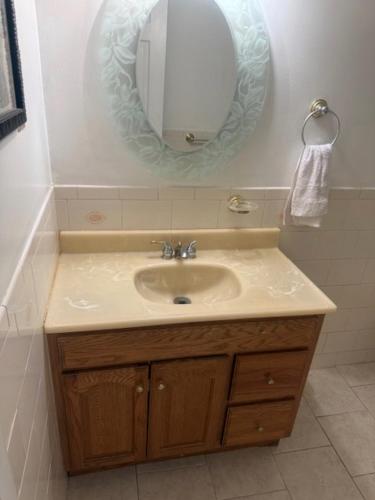 a bathroom with a sink and a mirror at Cozy Studio in Elmont