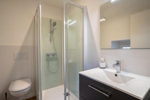 a bathroom with a shower and a sink and a toilet at L'Appart de Rohan - Centre de Pontivy in Pontivy