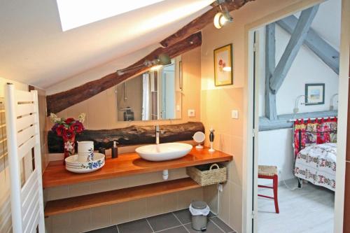 a bathroom with a sink and a mirror at Le chat qui pêche in Rilhac-Rancon