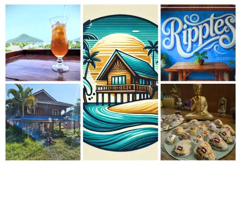 a collage of pictures with a house and a drink at M'Pai Bay 23 Ripples Guesthouse and Sky Bar in Koh Rong Sanloem