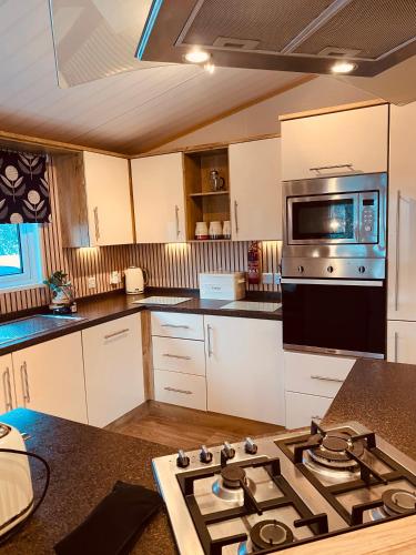 a kitchen with a stove and a microwave at Looby Lodge in Tattershall