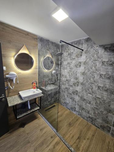 un bagno con lavandino e doccia di Villa Natali 2 a Ohrid