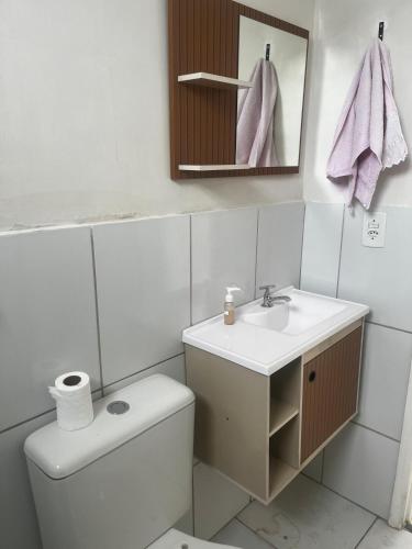 a bathroom with a toilet and a sink and a mirror at Apto 2 quartos, Wi-Fi rápido, Self check in in Uberlândia