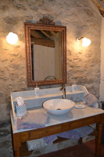 een badkamer met een wastafel en een spiegel bij Les Pensions du Joslin in Bouin