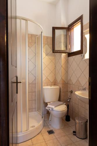 a bathroom with a toilet and a shower and a sink at Casa di Dandolo in Parga