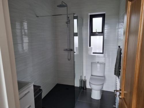 a white bathroom with a toilet and a shower at Silver Strand Chalets - Chalet 2 in Malin Beg