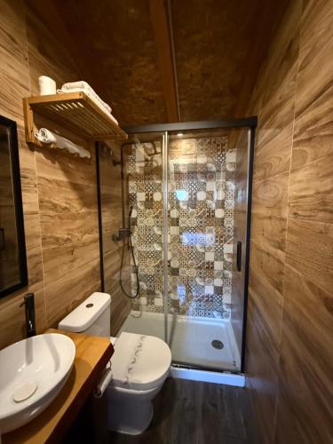 a bathroom with a shower with a toilet and a sink at Casa Do Campo in Peniche