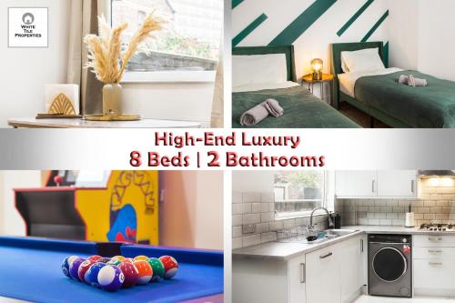 a collage of three pictures of a bedroom and a kitchen at Entire Luxury Home in Old Trafford, next to MUFC in Manchester