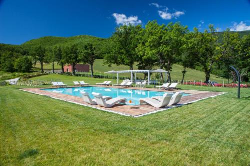 a swimming pool with lounge chairs in the grass at Agriturismo Colle Casini Cortesi in Caldarola
