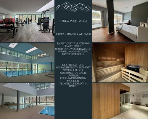a collage of photos of a house at Prora Block 1 - Ferienwohnung mit Pool, Sauna und Fitness - Sonnenschein in Binz