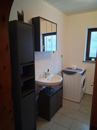 a bathroom with a sink and a washing machine at Ferienwohnung Lina in Nistertal