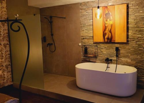 a bath tub in a bathroom with a shower at Ferienwohnung Time out in Vreden