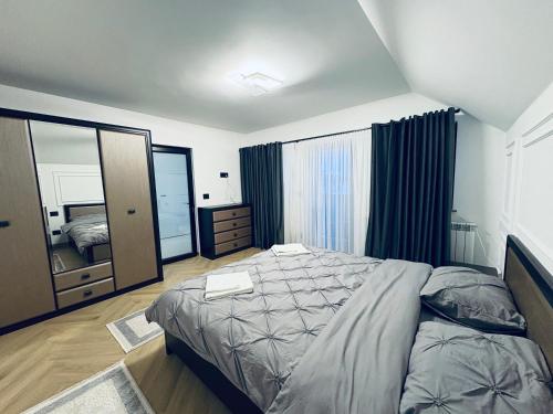 a bedroom with a bed and a large mirror at Casa Pop in Petrova