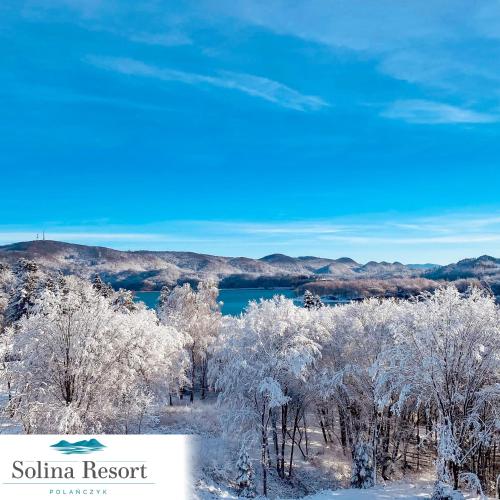 a snowy forest with a lake and mountains in the background at Solina Resort in Polańczyk