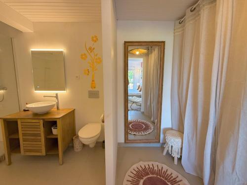 a bathroom with a sink and a toilet and a mirror at Villa Altaïa - Sea View & Infinity Pool in Les Trois-Îlets