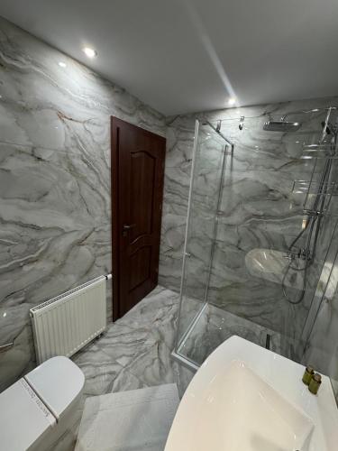 a bathroom with a toilet and a glass shower at CASA LUCA in Moldova Nouă